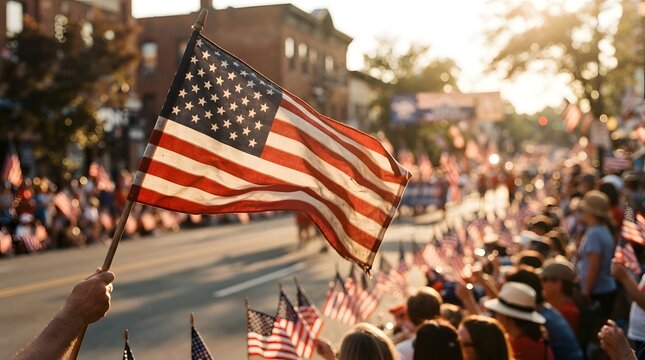 American flags waving during a patriotic parade on a sunny day