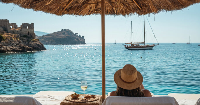 Back view of a woman in straw hat relaxing on sunbed looking at sea with wooden gulet and castle ruins
