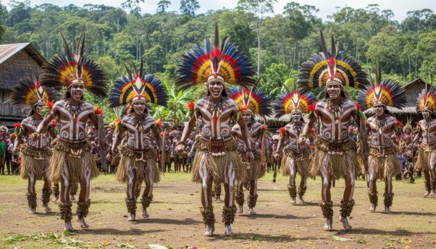 Papua New Guinea tribal dance celebration featuring colorful traditional costumes, feathers, paint and cultural heritage performance in open village setting