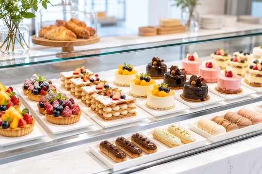 French pastry display case with colorful gourmet desserts cakes and tarts in bakery shop.