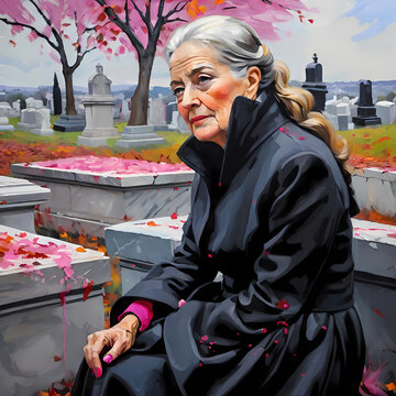 Vibrant digital art of an elegant senior woman with long grey hair wearing a black coat and sitting in a peaceful cemetery