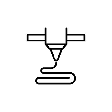 Minimalist line icon of a 3D printer extruder nozzle extruding filament layer by layer for rapid prototyping.