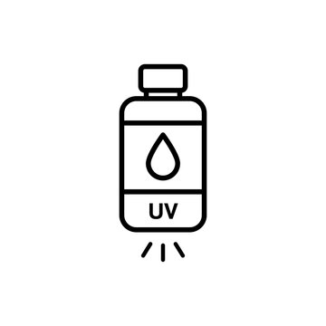 Minimalist line icon of a liquid UV resin bottle with light rays for SLA and DLP resin 3D printing technology.