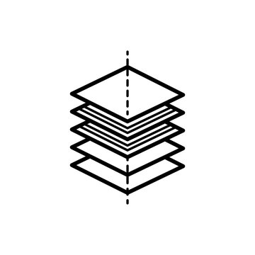 Minimalist line icon showing stacked sliced layers of a 3D model representing slicing software and G-code preparation.