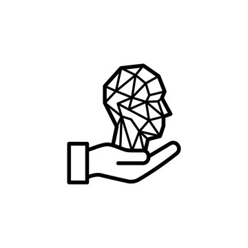 Minimalist line icon of a human hand holding a 3D polygonal wireframe head representing rapid prototyping and creative innovation.