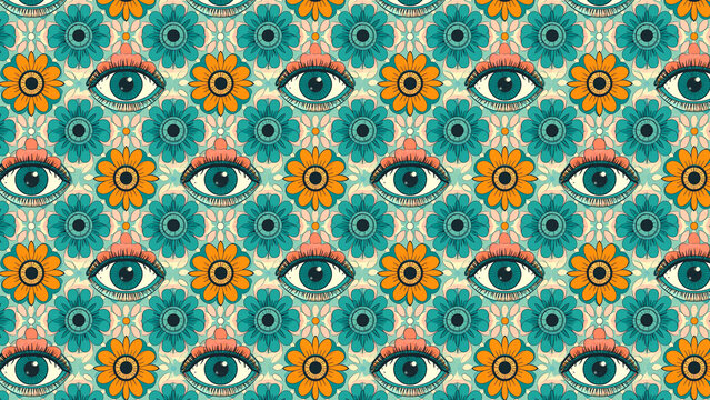 Vibrant floral pattern with all-seeing eyes