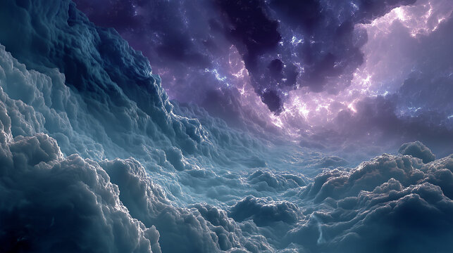 Turbulent Sky: A dramatic and awe-inspiring scene of turbulent storm clouds, illuminated by flashes of lightning and a deep purple twilight, creates a powerful visual of nature's raw energy.