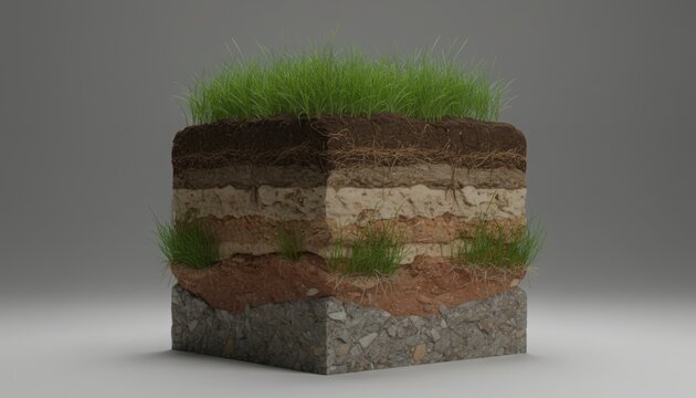 A detailed conceptual cube showing layered soil horizons and organic textures that illustrate geological structure and environmental processes in a stylized scientific representation