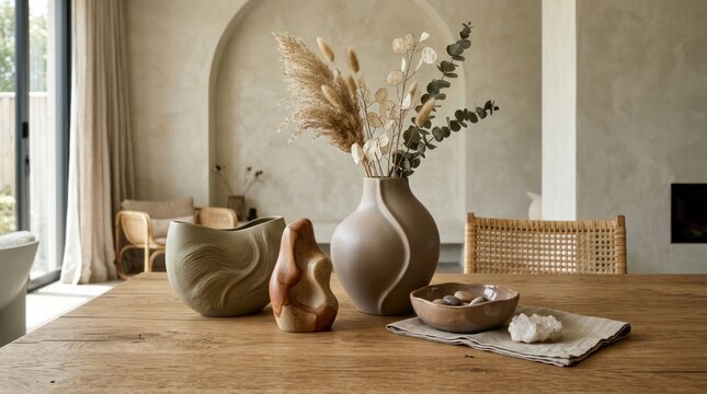 Decorative vase arrangement on wooden table