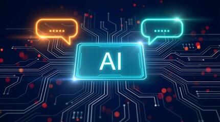 Fototapeta premium Artificial intelligence concept featuring an AI chip on a detailed circuit board with two glowing speech bubbles.
