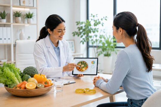 Female nutritionist consulting young female patient about healthy eating and diet plan in clinic.