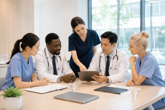 Diverse team of doctors and medical staff reviewing patient data on digital tablet in meeting room.