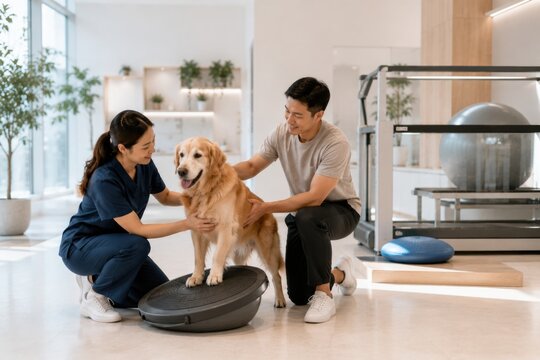 Female vet therapist assisting Golden Retriever dog balancing on inflatable rehab cushion.