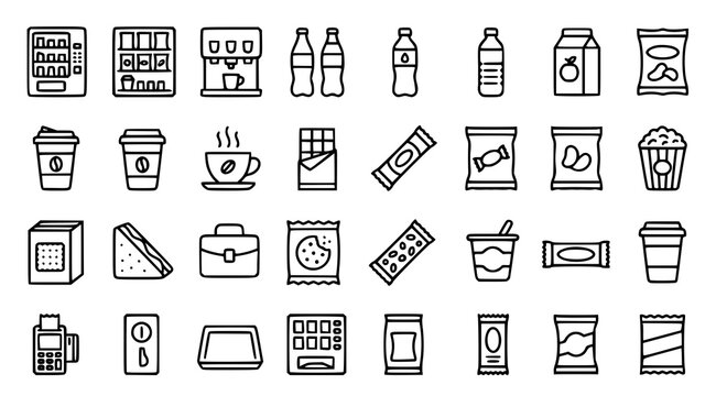 Modern vending machine outline vector collection with packaged snacks beverages soda bottles lunch boxes and food dispenser illustrations isolated on white background