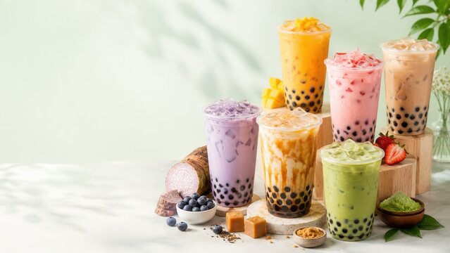 Assorted colorful bubble tea drinks with fruit flavors and tapioca pearls on modern cafe display background