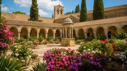 Obraz premium Historic monastery courtyard with blooming flower garden and ancient stone architecture under sunny blue sky