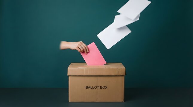 A hand placing a pink ballot into a cardboard ballot box with floating white papers