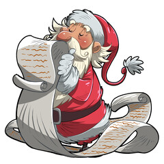 Cheerful Santa Claus Reading a Long Christmas Wish List Cartoon Character in Retro Comic Style