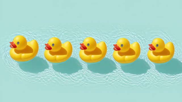 Yellow rubber ducks floating in a row on calm blue water with playful bath toy background composition