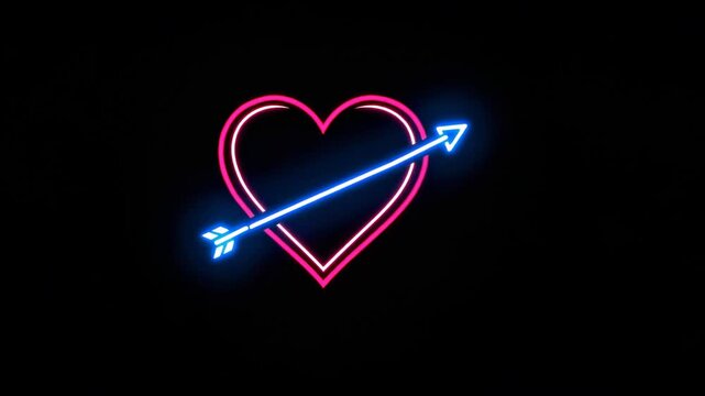 Neon heart pierced by glowing arrow on black background with vibrant romantic light for Valentine design
