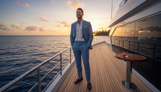 Confident man in light blue linen suit standing on luxury yacht deck during sunset with tropical island and golden sky in background