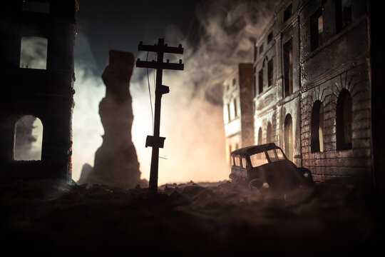 Nuclear war apocalypse concept. Explosion of nuclear bomb in city. City destroyed by atomic war. Creative artwork decoration in dark.