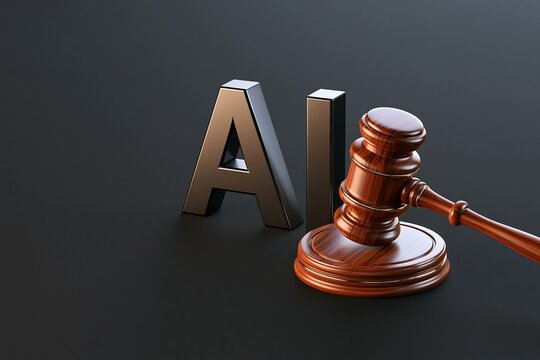 AI letters with a judge gavel symbolizing artificial intelligence regulation, legal compliance and governance. Concept for AI legislation, digital policy, copyright, ethics and business use with copy 