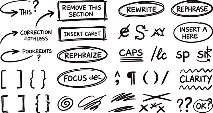 Editorial markup symbols and notations hand drawn vector illustration