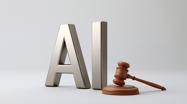 Judge gavel placed beside AI letters representing legal oversight of artificial intelligence. Concept for AI regulation, copyright protection, compliance, governance and technology legislation on a cl