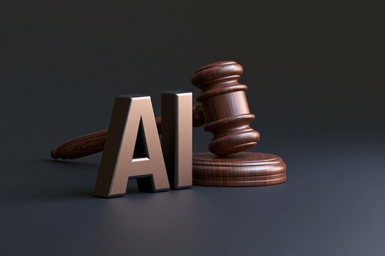 Judge gavel behind AI letters representing enforcement of artificial intelligence laws, copyright rules and regulatory compliance. Concept for legal technology, governance and digital policy with copy