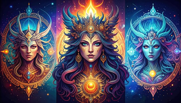 Three celestial female portraits in triptych style representing cosmic elements with ornate crowns and starlit sky