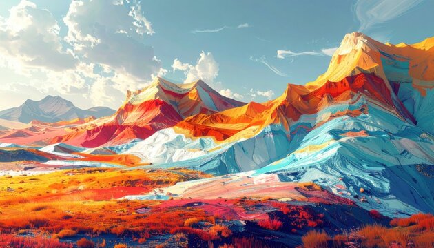 Surreal landscape painting of vibrant multicolored mountains with red and blue peaks under bright blue sky with soft white clouds