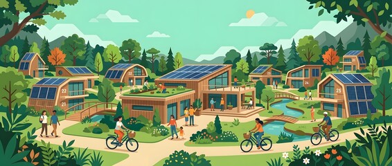 Obraz premium Sustainable eco village with solar powered homes and green living