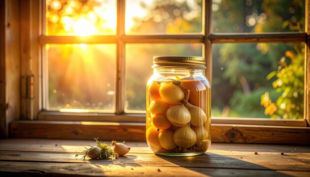 Glass jar filled with pickled onions sitting on rustic wooden windowsill during warm golden hour sunset lighting