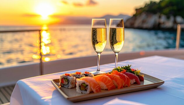 Platter of assorted sushi and two glasses of sparkling wine on white table cloth overlooking sunset on ocean from luxury yacht deck