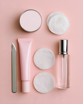 Overhead flat lay of dermaplaning treatment set with blade, cream tube and cotton pads on pink