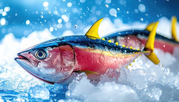 Close up of large fresh tuna fish lying on ice with water splashes and vibrant blue background at busy seafood marketplace