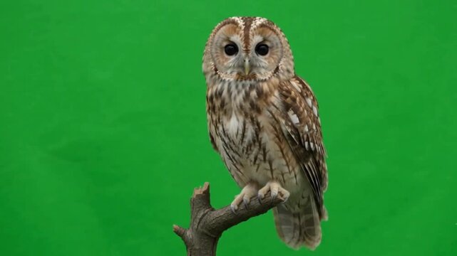 A real round tawny owl perched naturally on a small tree branch, blinking slowly with large expressive eyes before smoothly rotating its head nearly 180 degrees and looking toward the camera