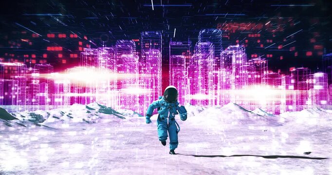 Astronaut running on futuristic terrain towards neon holographic skyscraper skyline. Abstract Digital Space City Concept.
