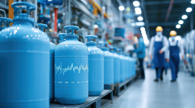 Blue propane gas cylinders stored on industrial production line with helmeted factory workers in background.