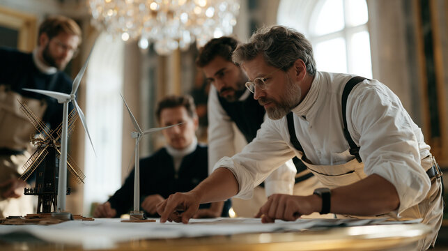windmill technician team in a luxury country estate interior reviewing scale turbine models on a polished table, crystalline chandelier light fracturing across the blueprints,