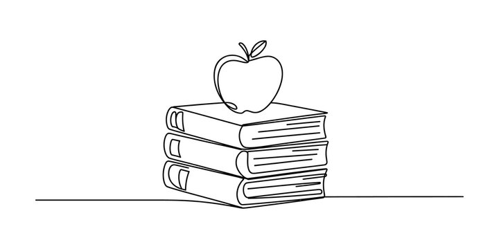 Continuous line drawing of an apple sitting on a stack of three books