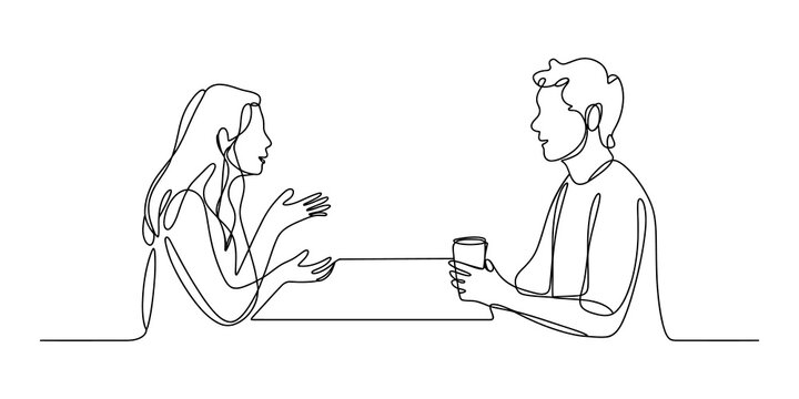 Man and woman sitting at a table talking and drinking coffee line art drawing