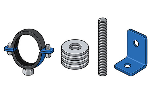 Vector set of pipe clamp, washers, threaded rod and angle bracket