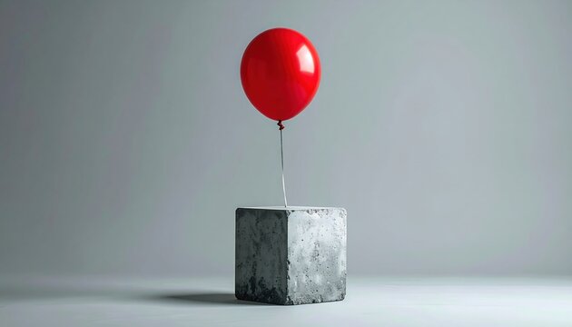 Single red balloon floating above solid concrete cube in minimalist studio setting against plain grey background