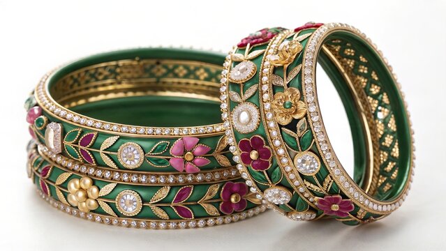 Ornate bangles set celebrating Hariyali Teej with reflective glossy surface.
