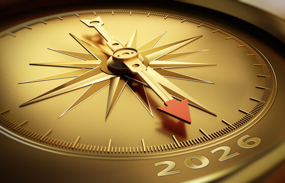 Golden compass with needle pointing to the year number 2026 - Concept for Future Planning and Vision - 3D illustration