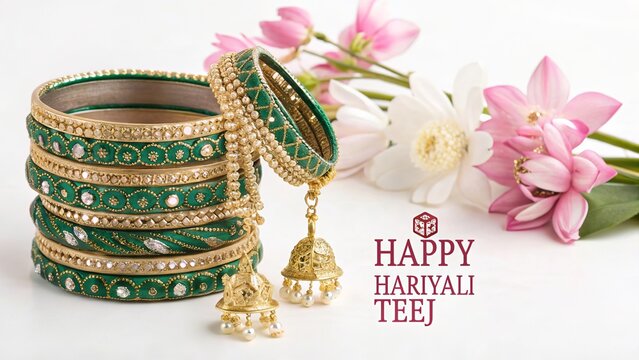 Ornate pearl bangles and earrings celebrating Happy Hariyali Teej festival.