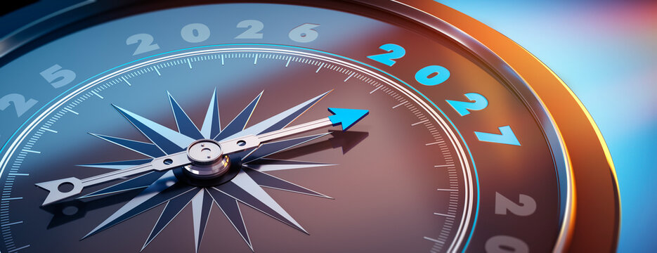 Dark compass with needle pointing to the year number 2027 - Concept for Future Planning and Vision - 3D illustration