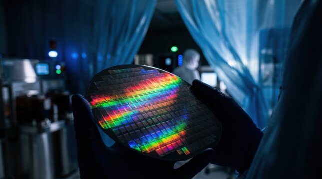 Gloved hands hold polished silicon wafer reflecting rainbow spectrum light inside high tech semiconductor manufacturing cleanroom facility